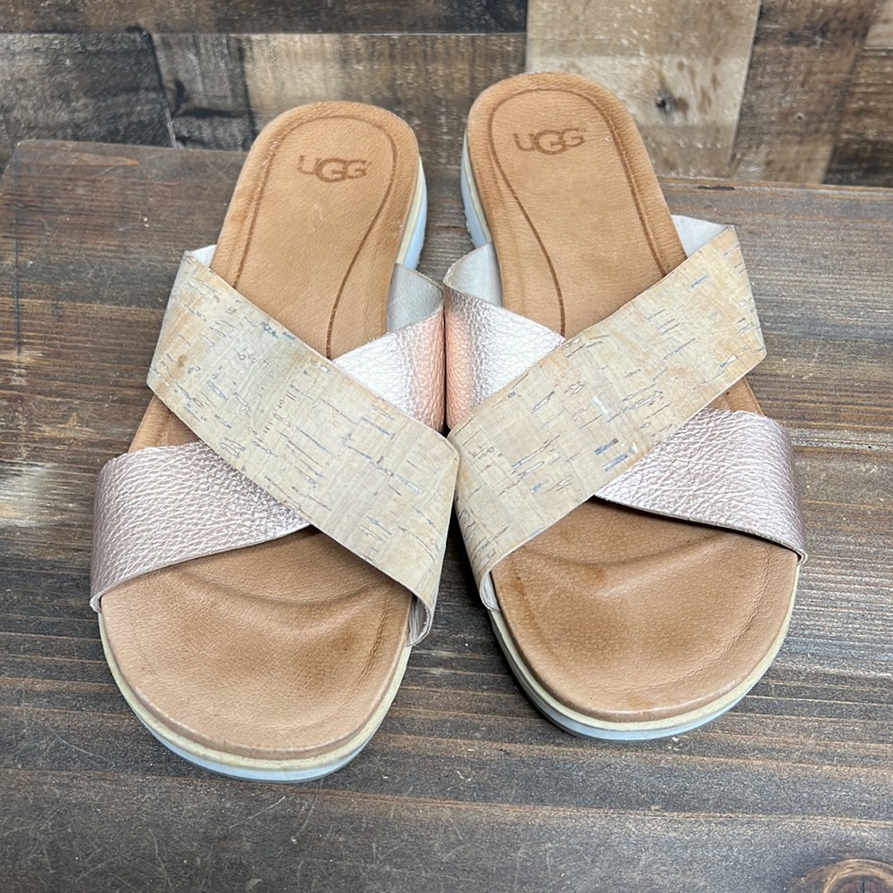 UGG Kari Treadlite Women's Rose Gold Metallic Cork Leather Slide‎ Sandals Size - Picture 7 of 8